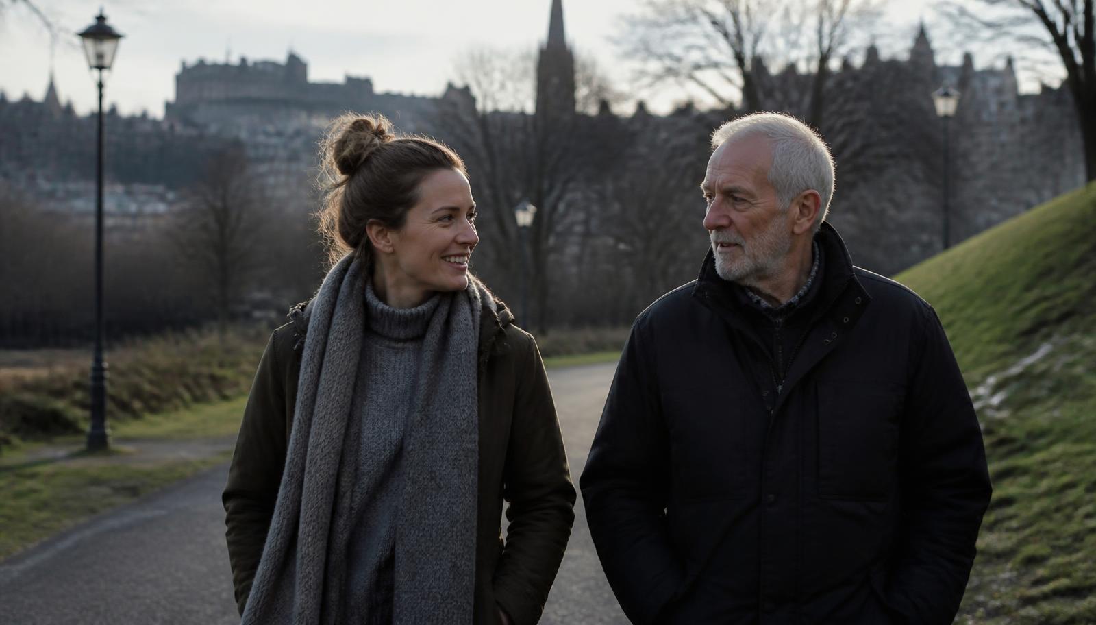 Kobieta i starszy mężczyzna na spacerze w parku w Glasgow